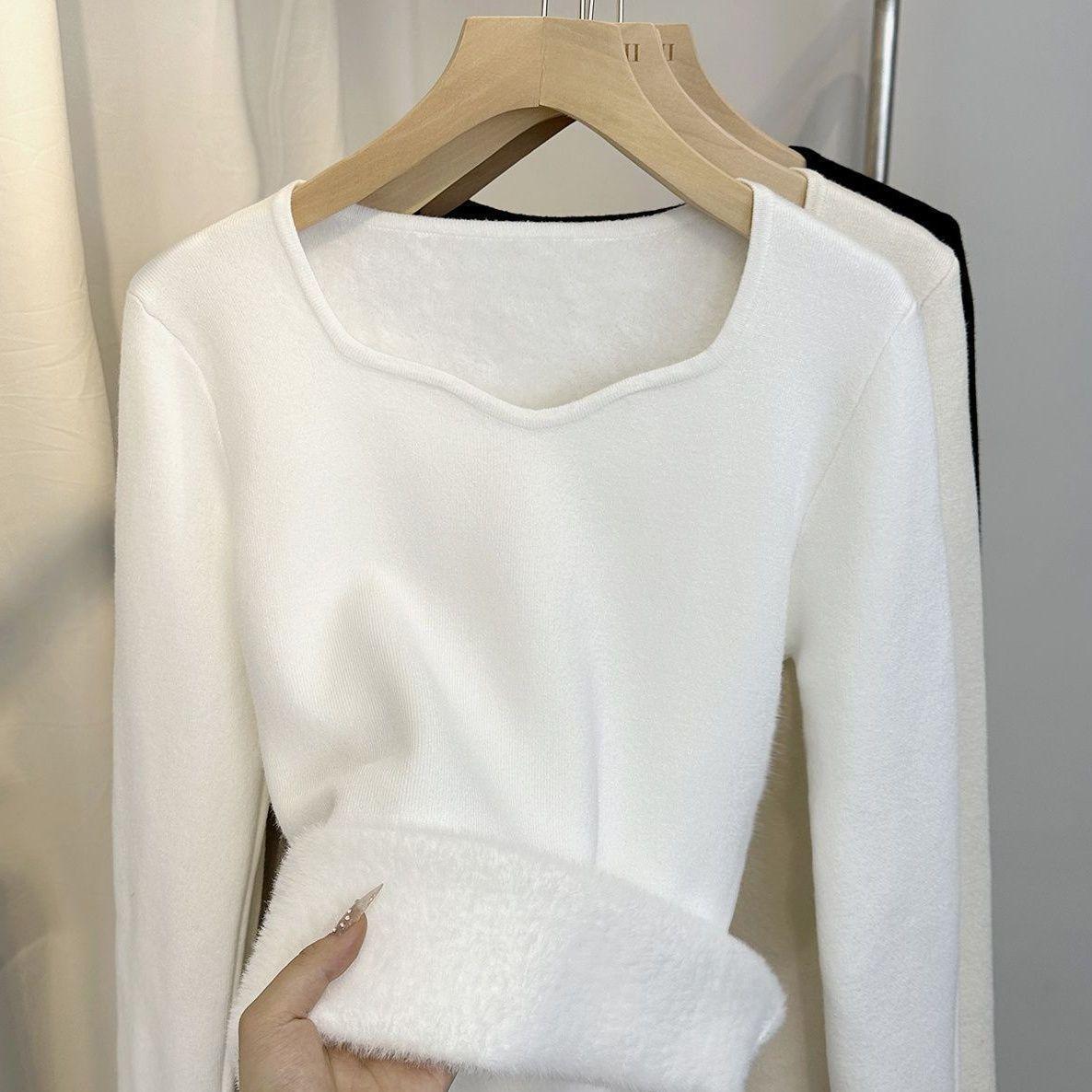 

Осенне-зимний женский теплый фланелевый свитер с квадратным вырезом и толстой подкладкой, слим-эффектом, футболка с длинным рукавом M белый