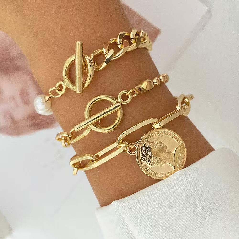 Versatile Pearl & Heart Chain Bracelet Set - Unisex Punk Retro Style