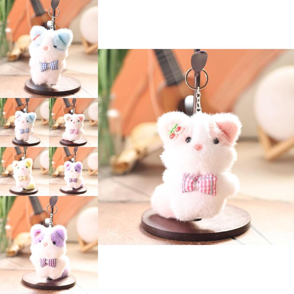 Cute Animal Plush Doll With Checkered Bow Decoration For Bags And Keys