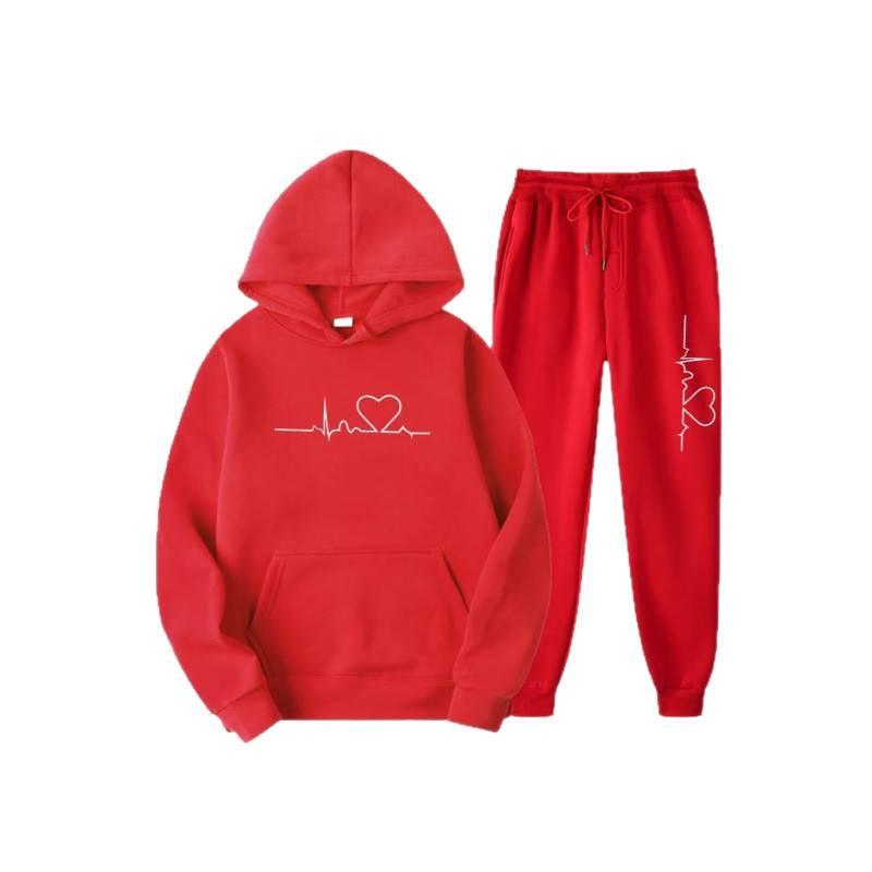 Unisex Trendy Heart Pattern Plus Velvet Hoodie Set for Autumn and Winter