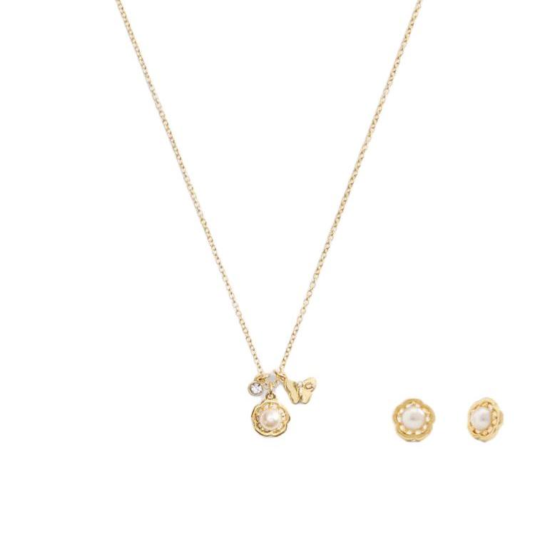 Coach Graphic Design Gold Plated Glass Square Cubic Zirconia Crystal Pearl Necklace Women necklace CBB06-VP4 F,Gold