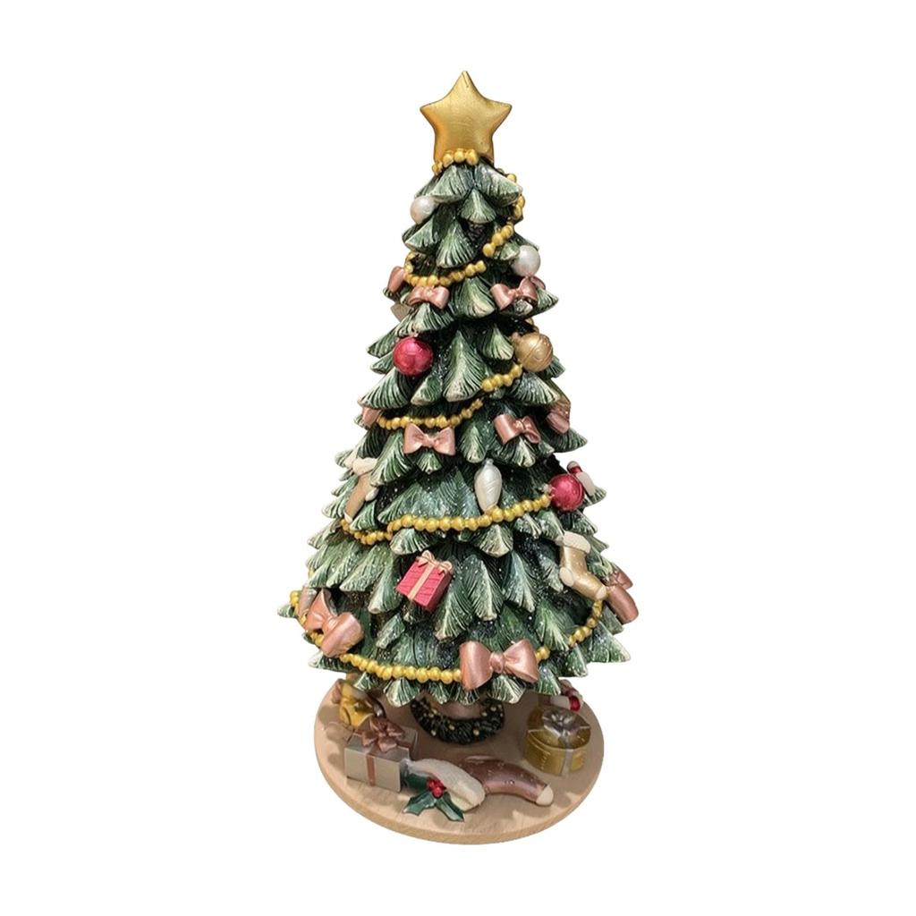 Holiday Ornament Festive Carved Conifer Tree Music Box with Decorative Base for Shelf Decoration,