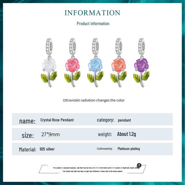 Yinziyun S925 Silver Rose Pendant with UV Color-Changing Flower Beads for DIY Bracelet