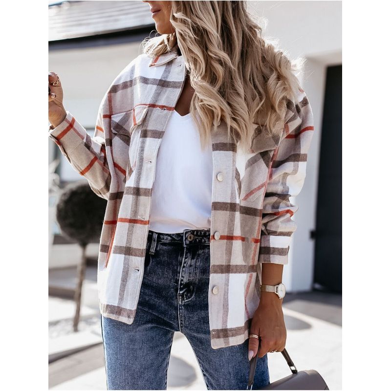 

Autumn and Winter New Women s Long-Sleeved Slim-Fit Plaid Shirt Khakis Gingham L