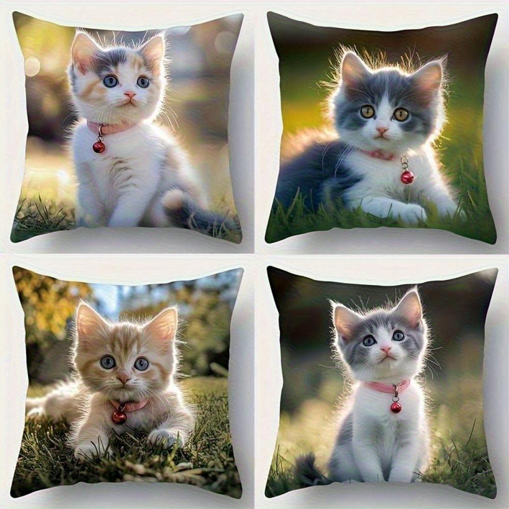 4Pcs Cute Cat Theme Digital Printing Pillow Cover Short Plush Suitable Living Rooms Bedrooms Sofas Throw Cushion Cover