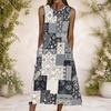 Women Plus Size Round Neck Sleeveless Black Grey Patchwork Print A Line Long Dress With Side Pockets