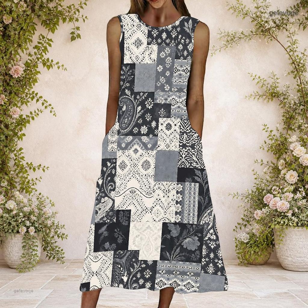 Women Plus Size Round Neck Sleeveless Black Grey Patchwork Print A Line Long Dress With Side Pockets