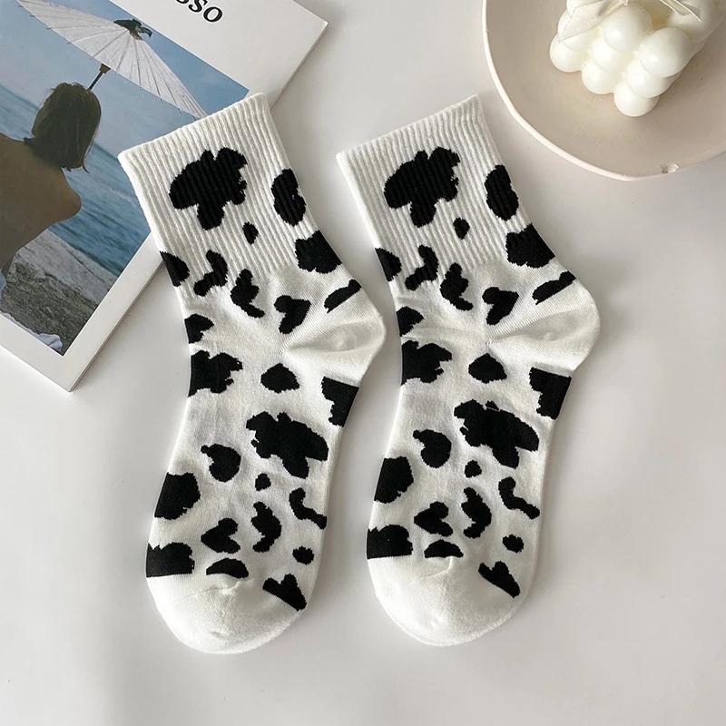 Striped Socks Funny Cow Print White Cartoon Calcetines Cozy Harajuku Skarpetki Damskie Cute Animal Chaussettes Kawaii Happy Sock