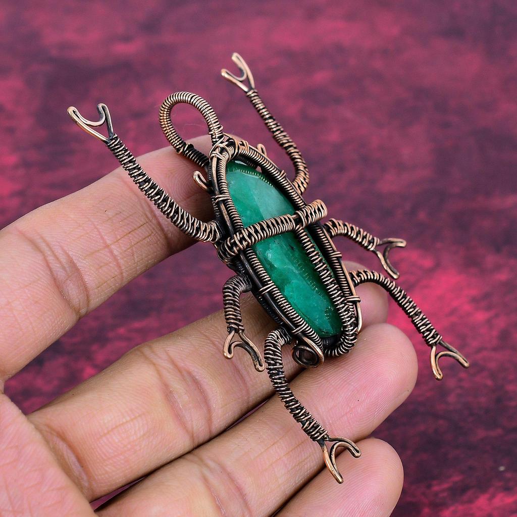 Faceted Zambian Emerald Real Gemstone Pendant Copper Wire Wrapped Beetle Jewelry