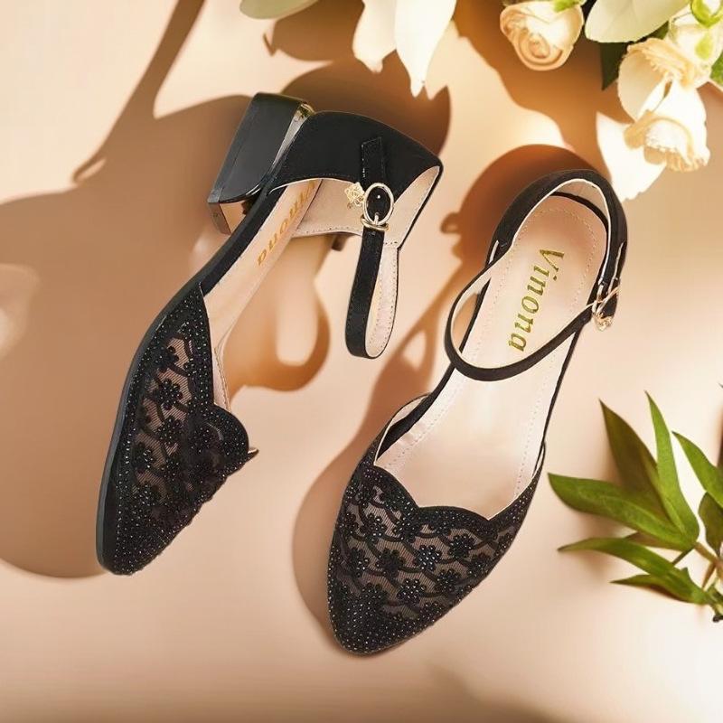 Sandals Summer New Bag Head Middle Heel Shoes Women's Rhinestone Mesh Women's Shoes Hollow Single Shoes Sandals