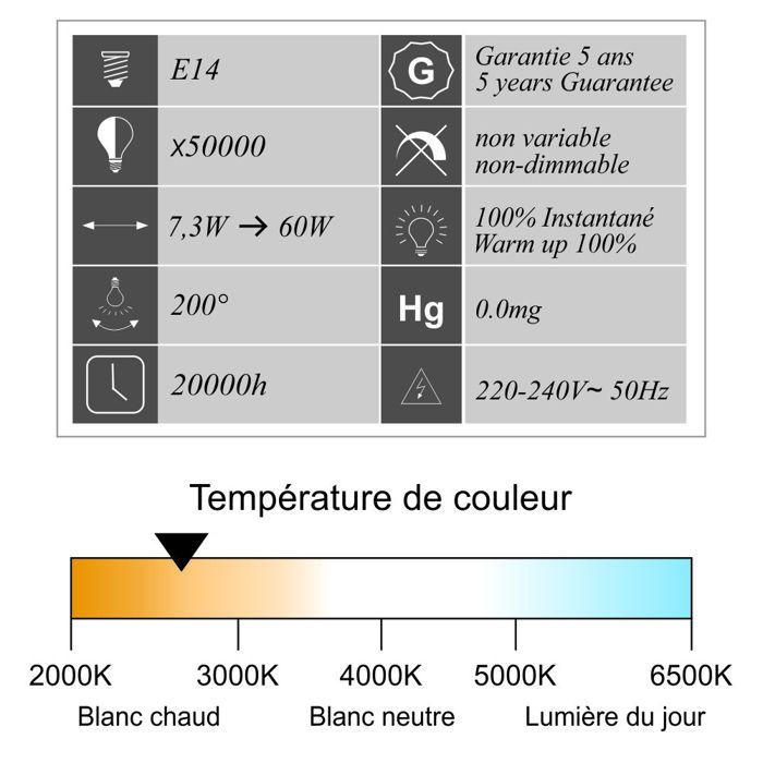 Lot de 2 ampoules LED E14 7,3W 806Lm 2700K - garantie 5 ans