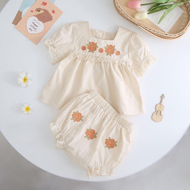 Summer Newborn Baby Girl Short Sleeve Embroidered Romper Cute Infant Bodysuit Triangle Climbing Clothes Set 66cm абрикосовый