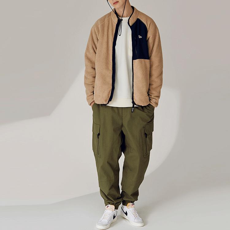 New Era Solid Color Cargo Zipper Fastening Cuffed Straight Leg Casual Pants Unisex Pants Army-Green 12866436