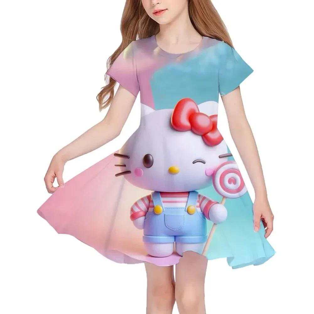 

Sanrio Summer Fashion Polyester Lightweight Cartoon Cute Series 3D Hello Kitty Printed Girl s Dress Short Sleeved Princess Dress 100