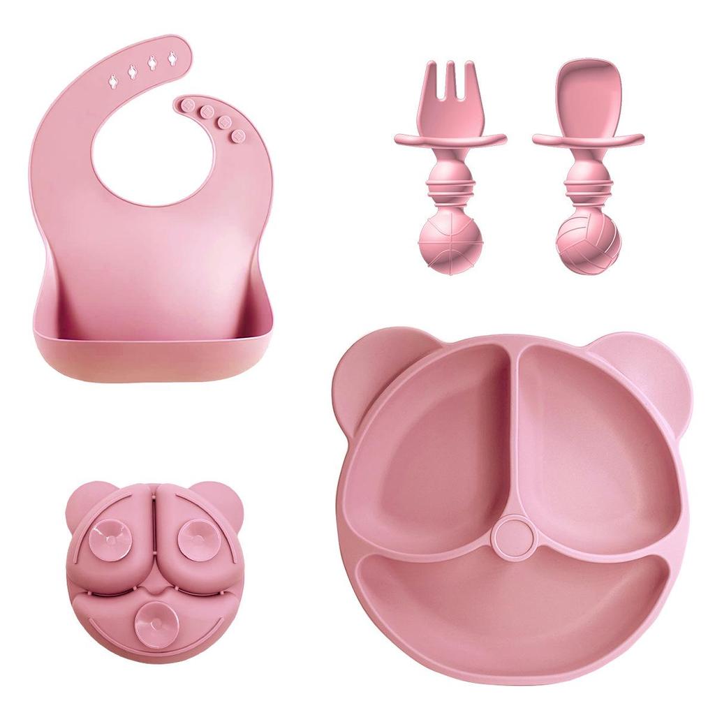 Silicone Cartoon Bear Baby Plate & Bowl Set with Integrated Suction Cup - Children's Tableware & Utensils