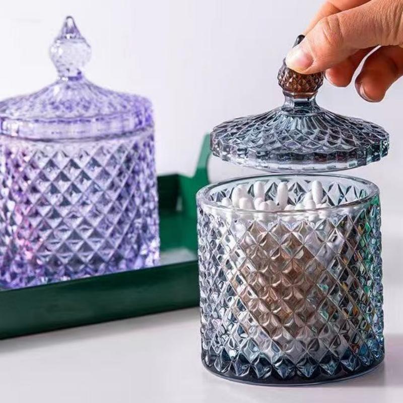European Multicolor Crystal Glass Storage Jar,Candy Glass Jar with Lid Aromatherapy Candlestick Swab Container Home Decoration