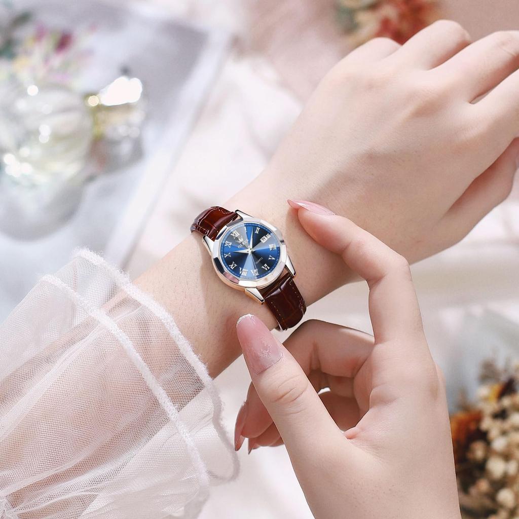 OLEVS Kožený pásek Rameno Roman Quartz Analog Luminous Oblíbené Hodinky s modrým ciferníkem Kožené Dámské Hodinky, Vodotěsné, Hodinky, Roztomilé, Datum, Dámské Hodinky,