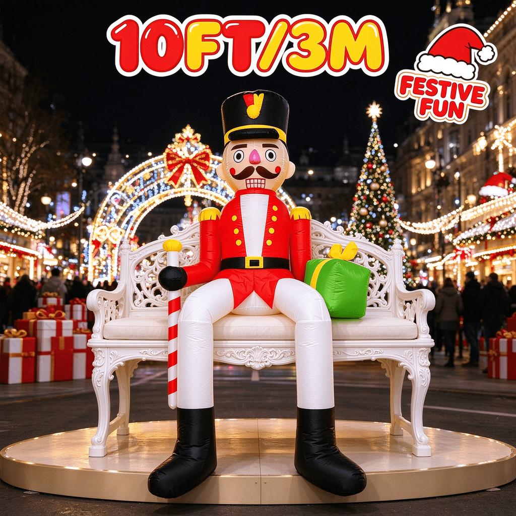 10FT Giant Christmas Inflatable Nutcracker Soldier Sitting on Bench, LED Blow Up Decor, Outdoor Yard Lawn Xmas Party Decoration