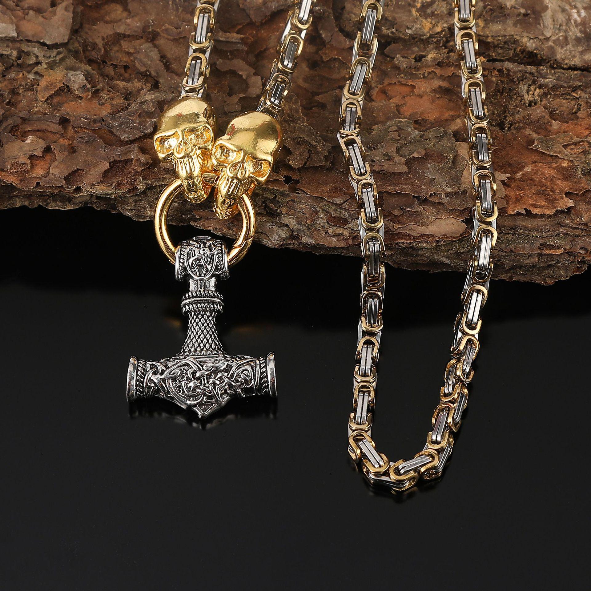 Viking Skull Hammer Pendant Necklace - Retro Punk Jewelry 60cm Chain