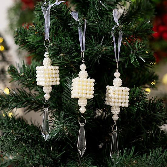 Faux Pearl Christmas Tree Ornaments Winter Faux Pearl Beaded Christmas Hanging Decoration with Faux Crystal Drop Pendant for Wedding Holiday Decor
