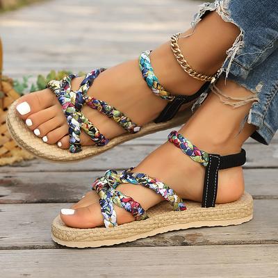 Flache Sandalen für Damen im Bohemian-Stil mit bedrucktem gewebtem Band, Sommer-Strandsandalen für Damen, leichte, bequeme Römerschuhe