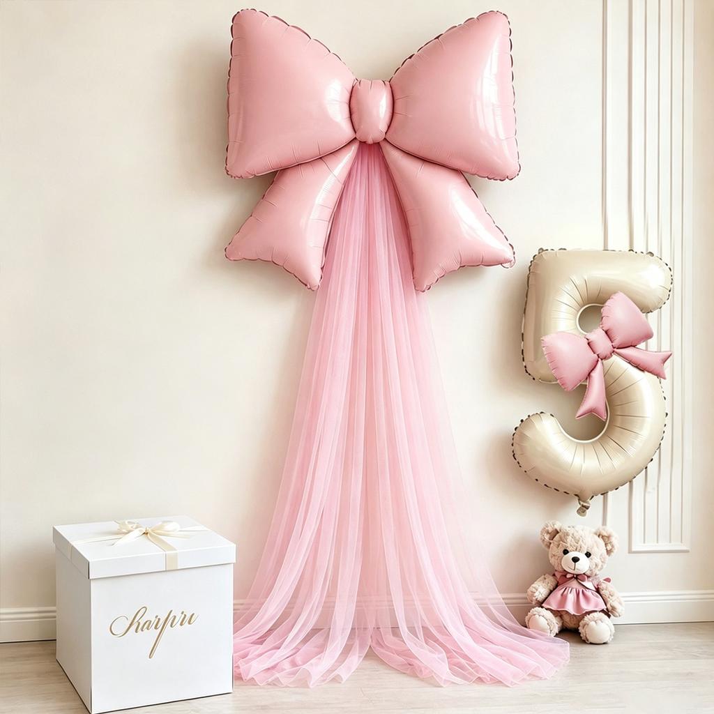 5-teiliges DIY-Schleifen-Geburtstags-Hintergrunddekorations-Ballonset Enthält 40 Zoll Cremeweiße Zahlen-Folienballons 0-9 Hellrosa Schleifen-Ballons mit