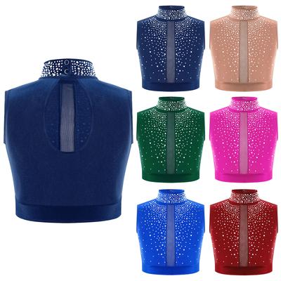 Top Danza Contemporanea da Ragazza Collo Alto Design Senza Maniche Schiena a Goccia Strass Lucenti Crop Top