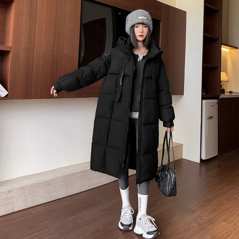 

Knee-Length Hooded Down Coat - Thick, Loose-Fit, Korean Style, Cold-Proof with Ribbon Accent. L 120-140 jin