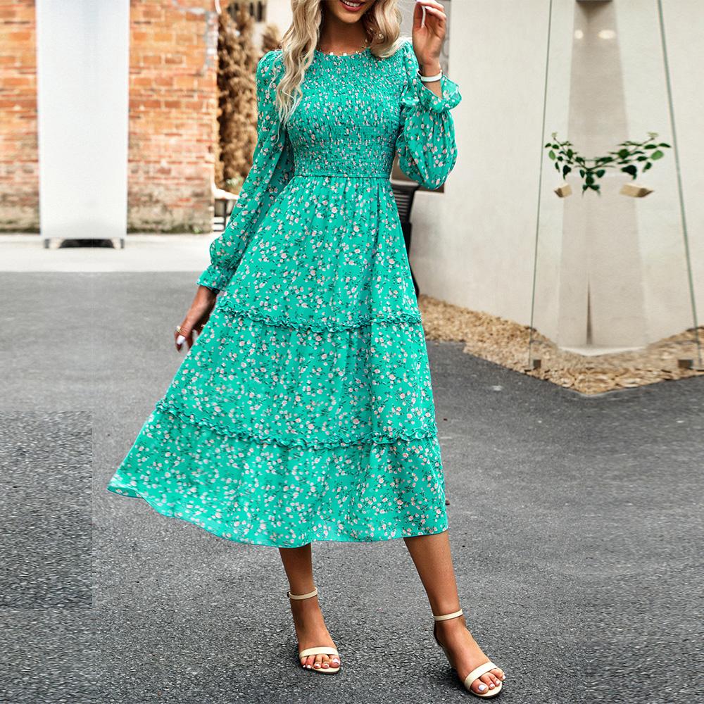 Dámské podzimní elegantní dlouhé potištěné šaty s lucernou s rukávem a vysokým pasem