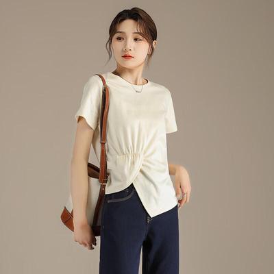 RAIN.CUN Pleated Round Neck Short Sleeve T-Shirt