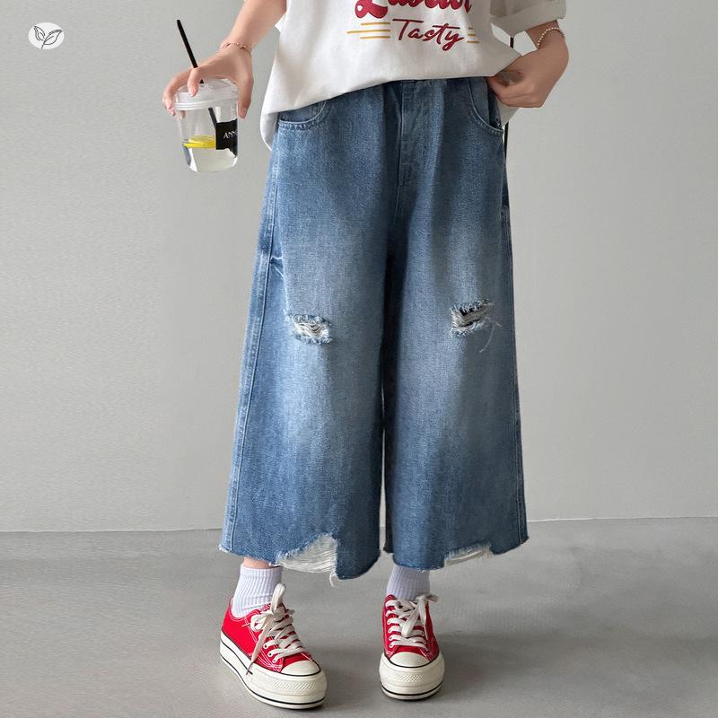 Trendy Summer Ripped Pants Set for Junior High Girls – Stylish Two-Piece Outfit