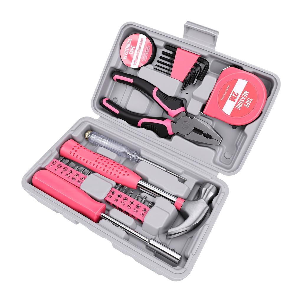 24-teiliges Mini-Werkzeugset mit rutschfestem Griff, Pink, Tragbares Handwerkzeug-Set für Frauen, Heimwerkerwerkzeug