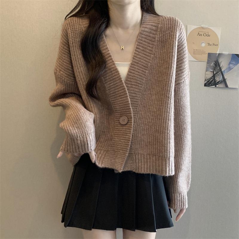 V-neck Fashion Women One Button Cardigan Short Sweater Autumn /Winter Long Sleeve Knitted Jackets Solid Color Elegant Loose Office Basic Casual Coats