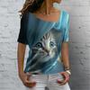 Sexy Scollo Obliquo Gatto Carino Stampa 3D Versatile T-shirt da Donna Vintage Harajuku Manica Corta Estiva Casual Abbigliamento Femminile