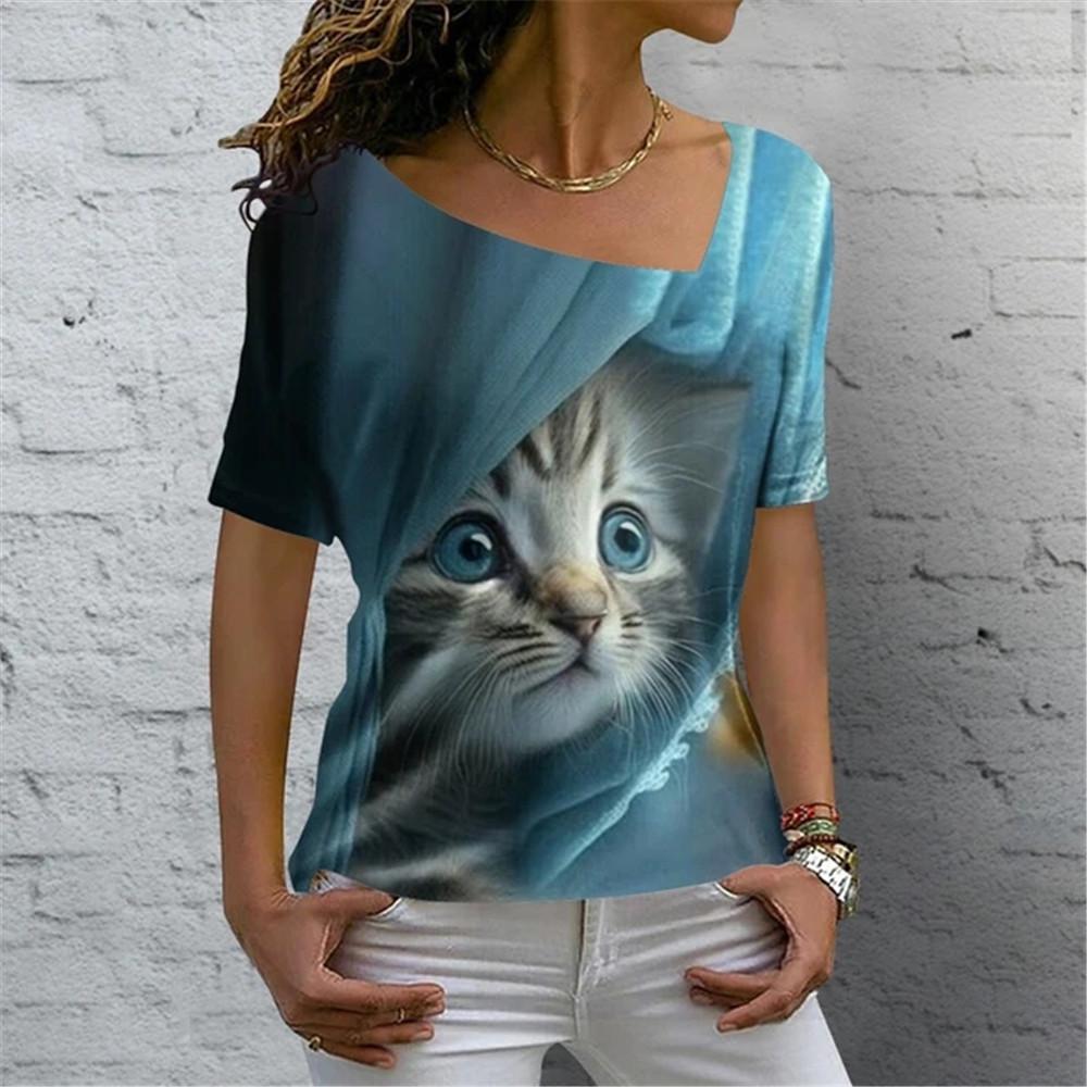 Sexy Scollo Obliquo Gatto Carino Stampa 3D Versatile T-shirt da Donna Vintage Harajuku Manica Corta Estiva Casual Abbigliamento Femminile
