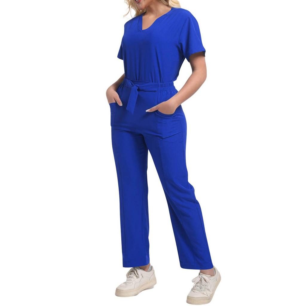 Damen Mode Kurzarm V-Ausschnitt Gemustert Tops Tasche Arbeits Set