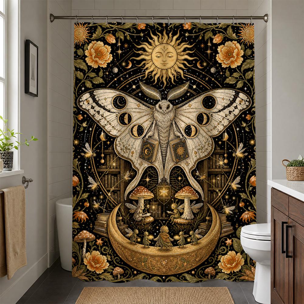 Mystical Bohemian Gothic Cosmic Shower Curtain Waterproof Tapestry Bathroom Decor Celestial Butterfly Moon Mandala Print