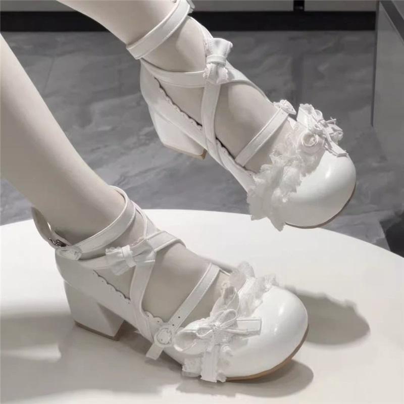 Scarpe Mary Jane Tacco Blocco Ruffles Pizzo per Donna cm bianco
