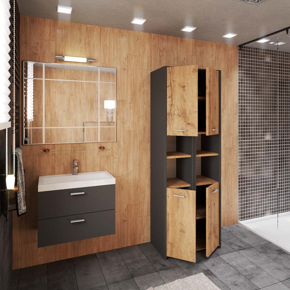 Floor-standing Bathroom Cabinet Gray Oak Wotan 30 CM Loft Bathroom Column