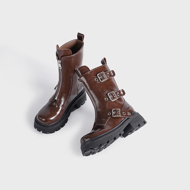 Fashion Rivet Belt Buckle Chunky Heeled Leather Ankle Boots Women Fall Winter Platform High Heels Punk Motorcycle Boots Shoes