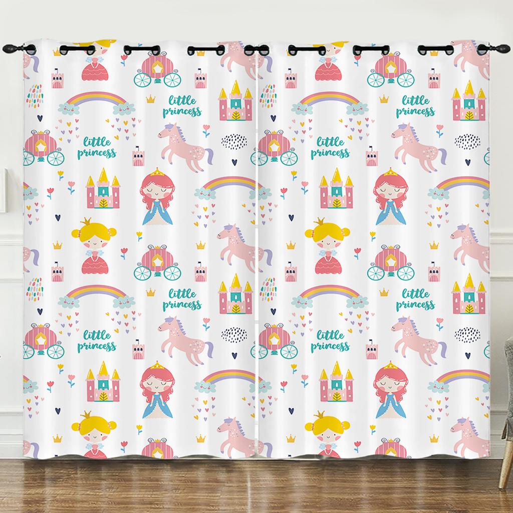 Curtain Rainbow Illustration Princess Girl 3D Digital Printing Blackout Curtain Punching