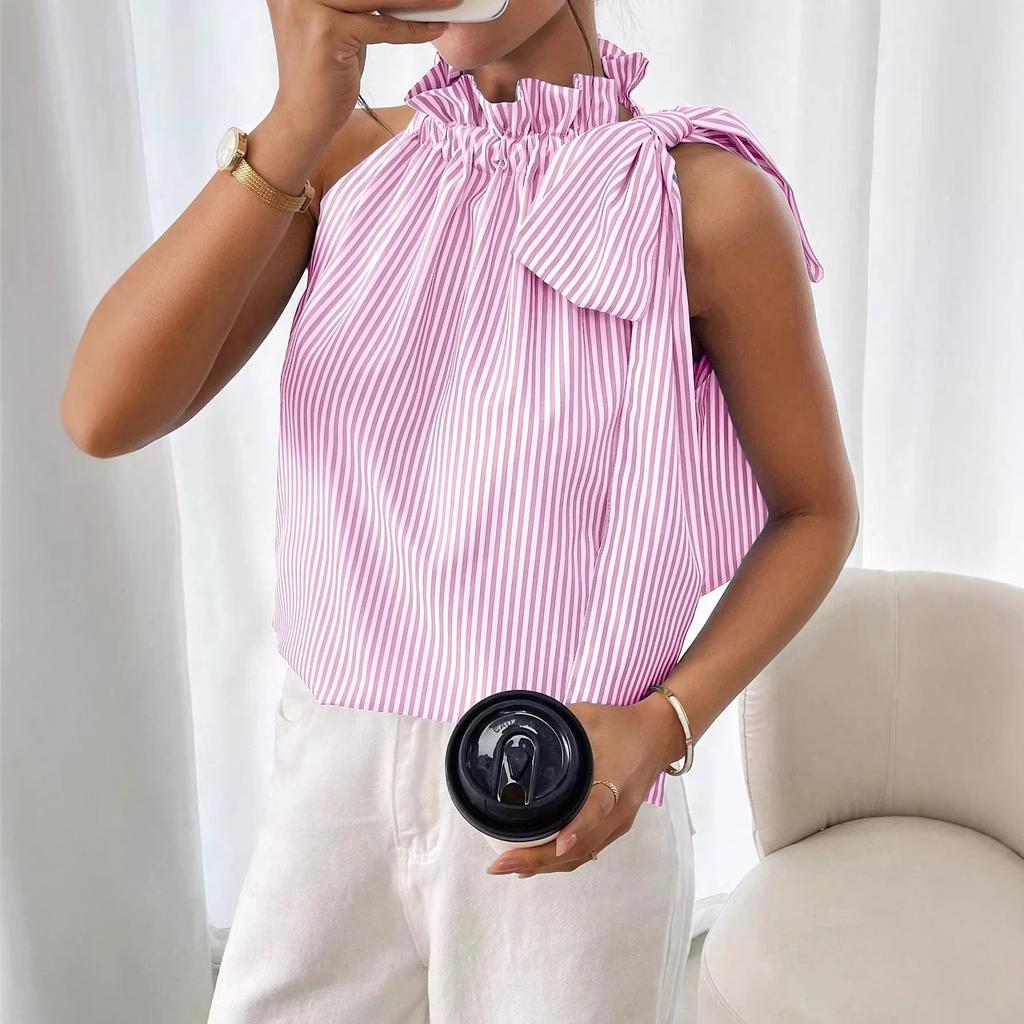Sleeveless Striped Stand-collar Lace-up Ruffled Bow Strappy Top for Women
