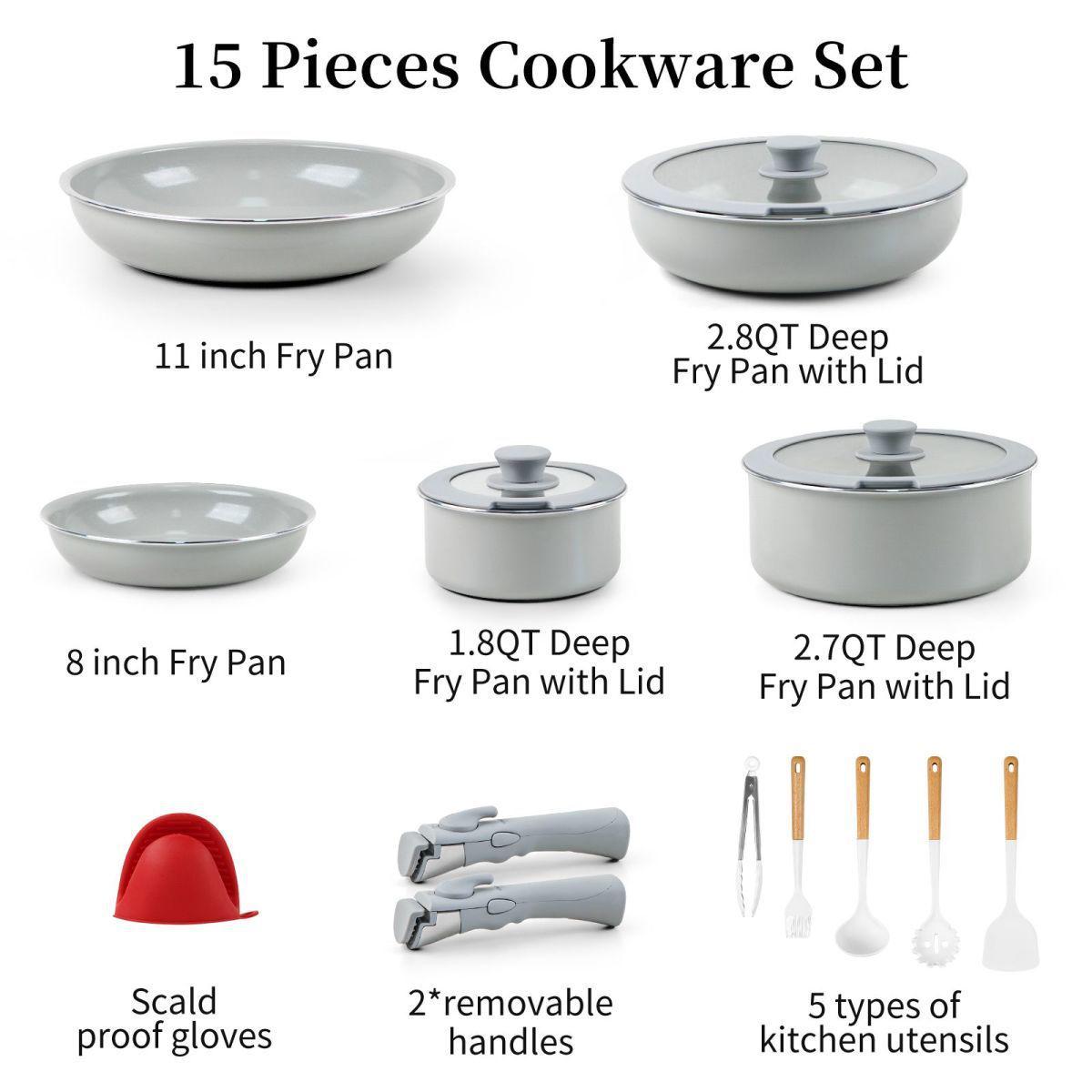 

Five-Piece Non-Stick Cookware Set with Detachable Handle and Anti-Scald Gloves for Induction Cookers