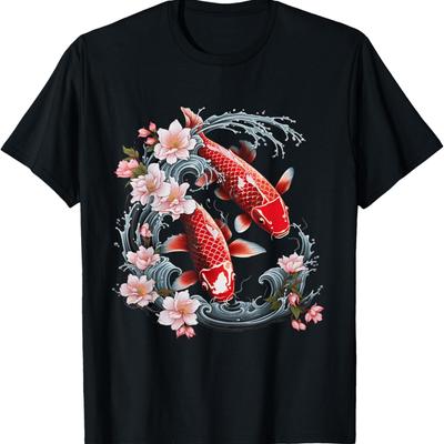 Koi Karpe Ying Yang Nishikigoi Fisk Kirsebærblomst T-skjorte(8)