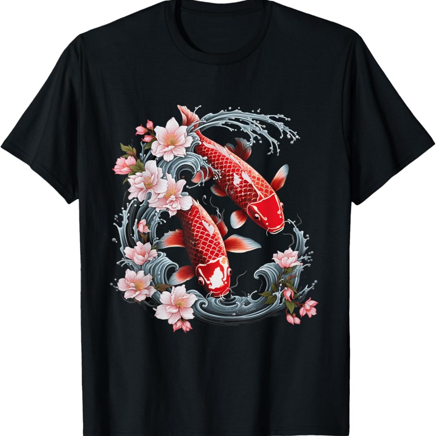 Koi Carp Ying Yang Nishikigoi Fish Cherry Blossom T-Shirt(8) S чёрный