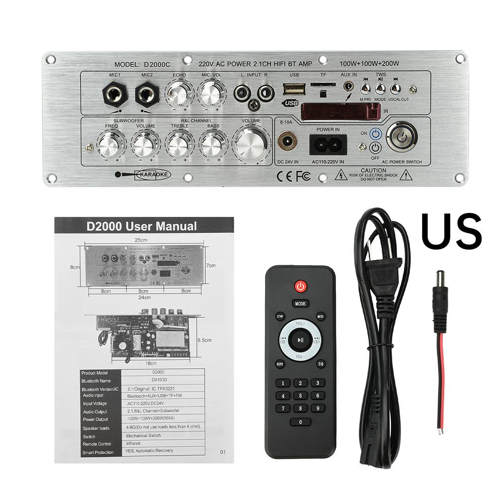DC 24V/AC110-20V D2000 BT Amplifier Board 2.1 Channel 100W+100W+200W High-Power Output