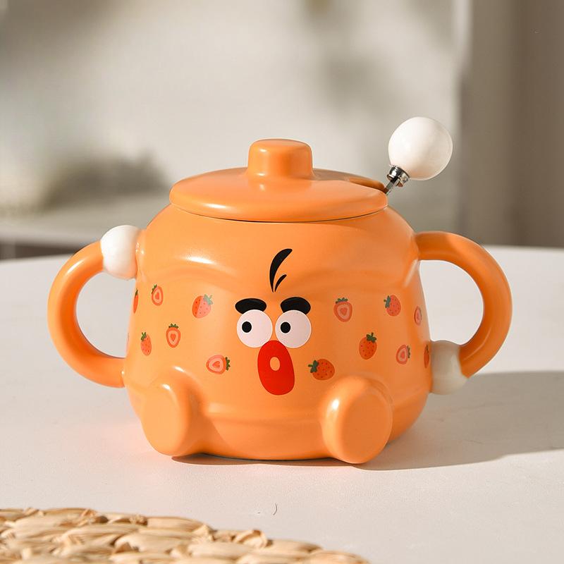 

Milky Mug with Lid Funny Expression Mug Ceramic Milk Cup Double Ear Water Cup with Lid Oatmeal Cup 420ml