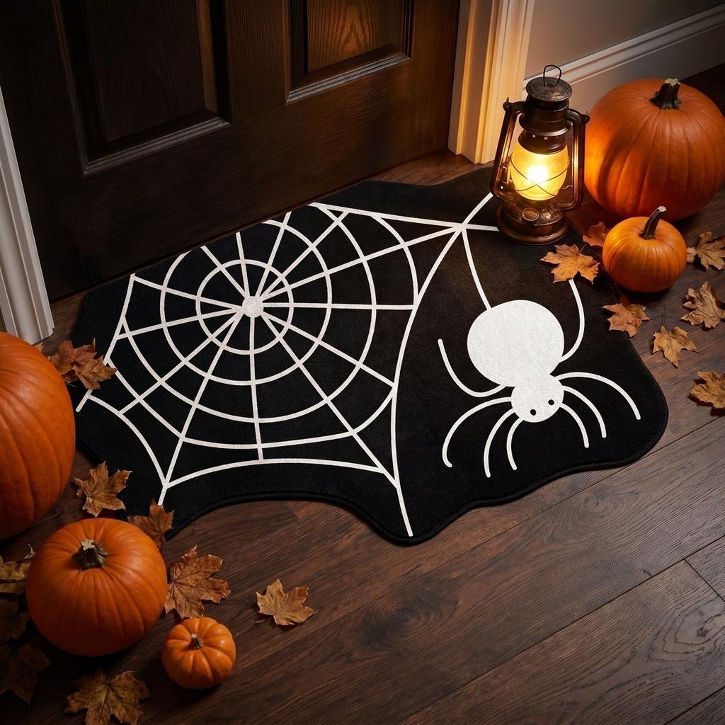 40x60cm Halloween Spider Web Shaped Entrance Mat Dustproof Durable Floor Rug Soft Faux Wool Texture