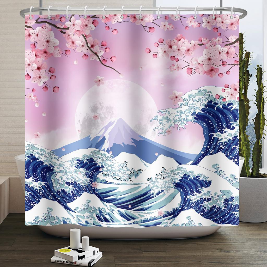 Japanese Ukiyo-e Shower Curtain The Great Wave of Kanagawa Mount Fuji Cherry Waterproof Shower Curtain for Bathroom Bathtub Deco
