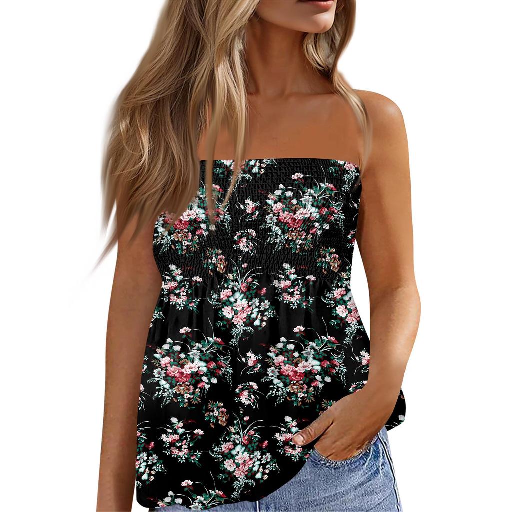 Damskie Topy Eleganckie Casualowe Bluzki Bez Rękawów Top Tube Dla Kobiet, Uroczy Seksowny T-shirt Bez Rękawów z Nadrukiem Odkrywający Ramiona